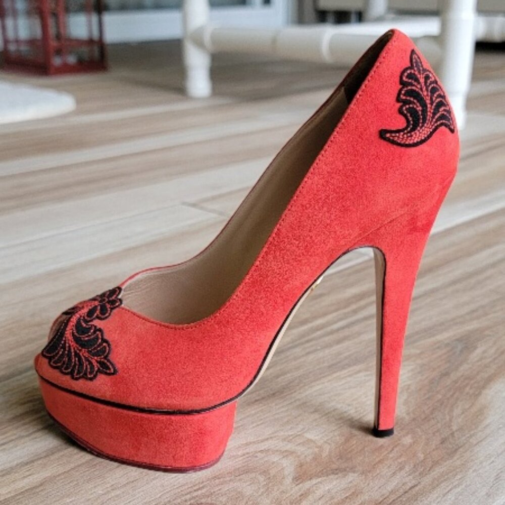 Charlotte Olympia Dolly Platform Red Embroidery Suede Leather Shoes Eur, 36